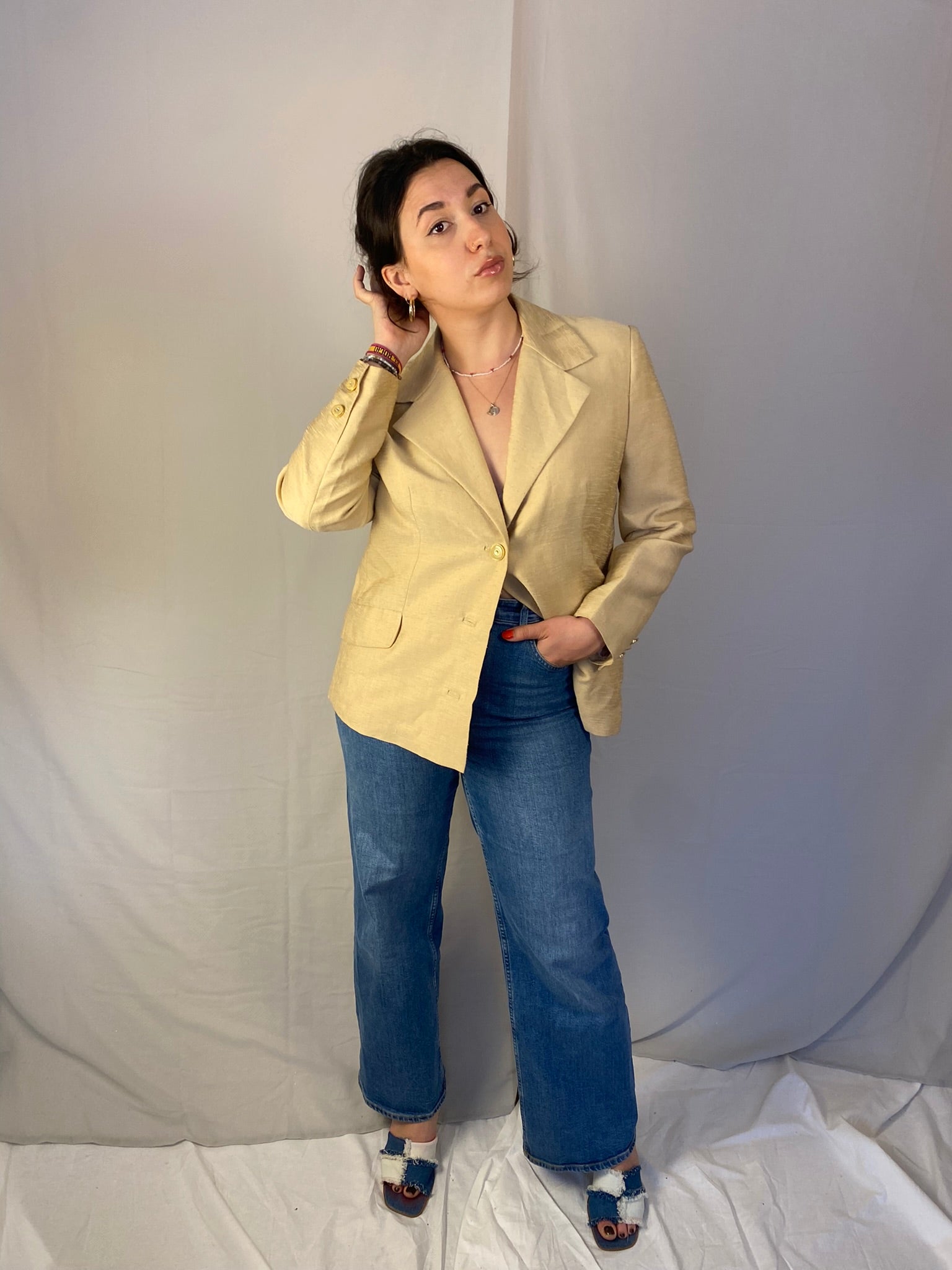Vintage Blazer gold, beige mit Schmuckknöpfen